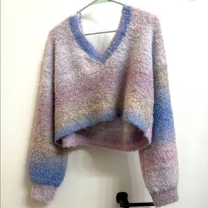 Pink and Blue V-Neck Cropped Sweater with Ribbed Knit